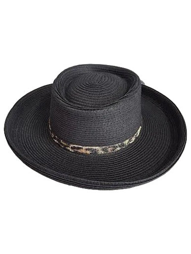 Hat Black Paper Braid Gambler Adjustable 2.75" Brim Women's-Hh3454B