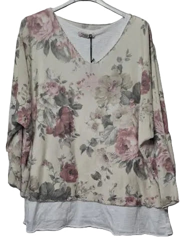 Marisima- Top Pullover V-Neck Terry Pink/Beige Floral 3/4 Sleeve Women's One Size A0032