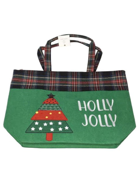 Tote Bag Zipper Top Christmas Tree Holly Jolly Green  Plaid 13x20x6"Mbo-264