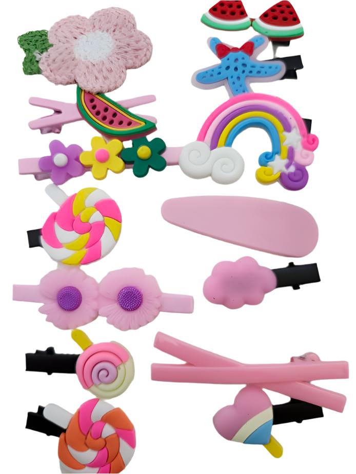 Barrettes/Hair Clips Pink Flowers Rainbow 14Pc Children's razcbpf 