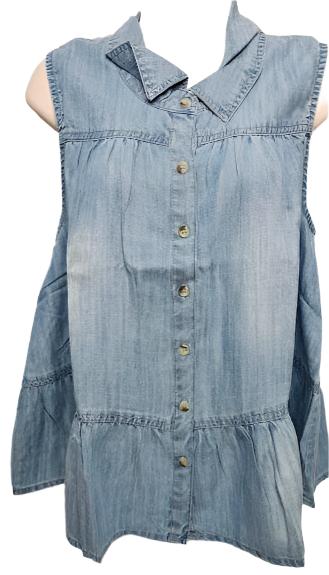 Shirt Button Front Sleeveless Light Blue Wash Women's Dt11228 