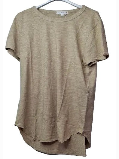Mododoc- Tee Shirt With Curved Hem Crew Neck Raw Linen Beige Short Sleeve Henley 41g-A2123