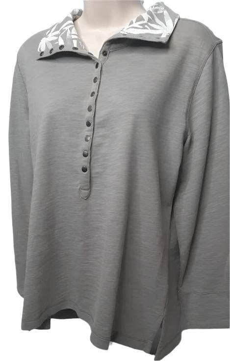 Top-Taupe/White-Placket-Long Sleeve-Slub French Terry-Women's-8008 