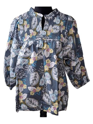 Blouse Teal Mix Smocked 3/4 Sleeve Pullover K1123