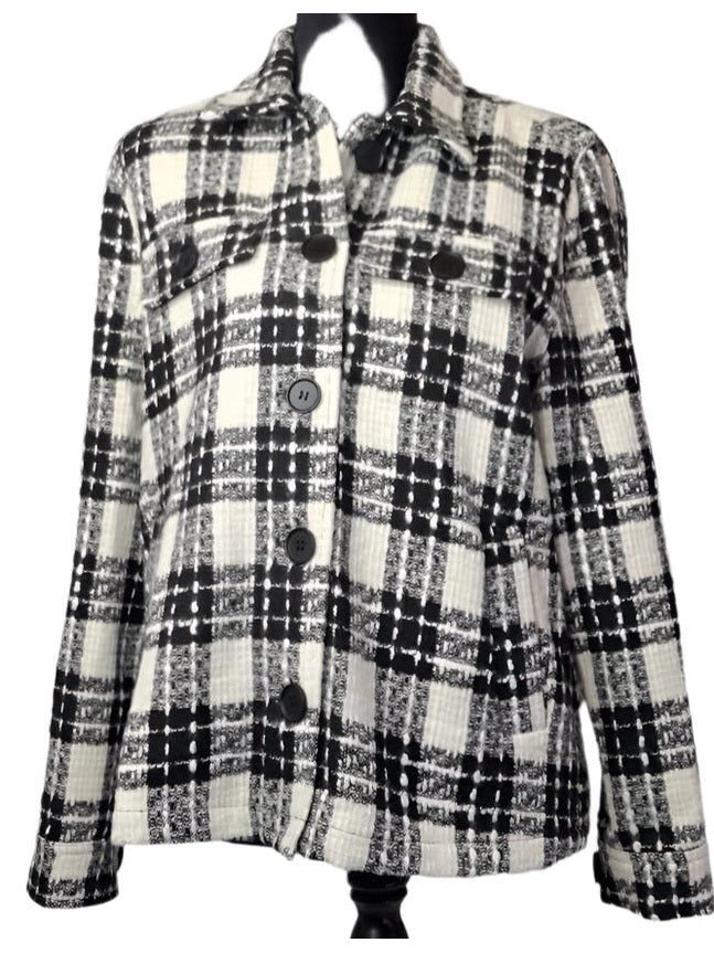 Plaid coat with black and white pattern on a white background