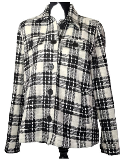 Plaid coat with black and white pattern on a white background