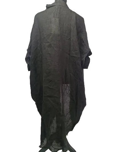 MILIO- Kimono Black Linen Fringe Hem Tie 2 Pockets 155153