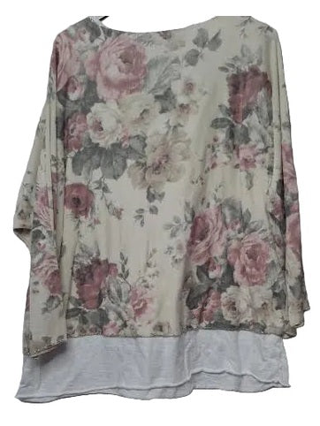 Marisima- Top Pullover V-Neck Terry Pink/Beige Floral 3/4 Sleeve Women's One Size A0032