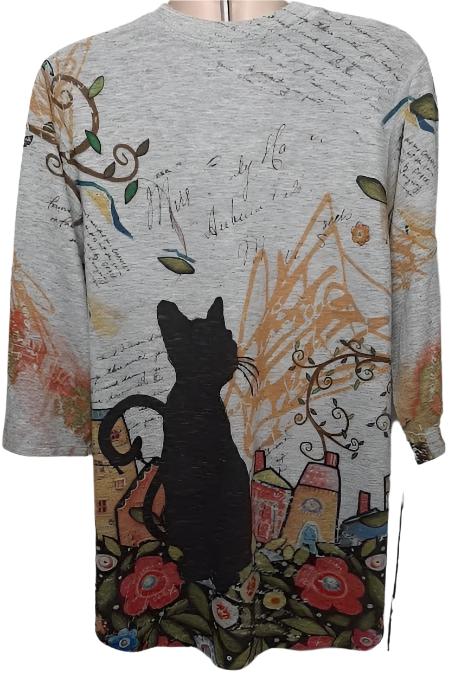 Shirt  Pullover Grey Cat Abstract V-Neck  3/4 Sleeve Women's-T350fL 