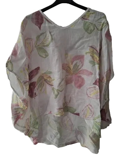 Top Pullover White Floral V-Neck Linen Open Sleeve  Women's One Size 14706