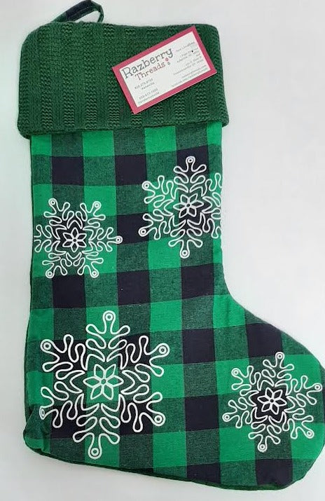 Green Plaid Christmas Snowflake Stocking 