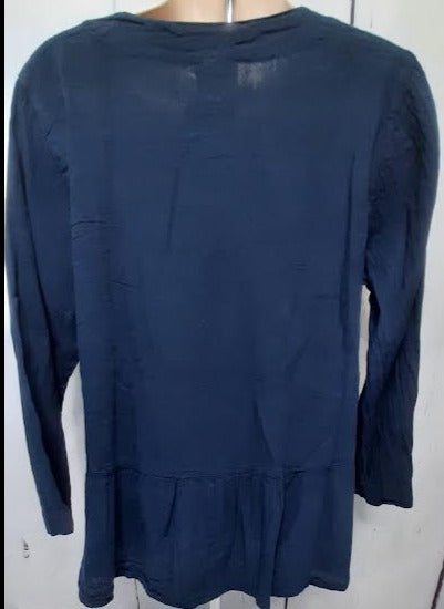 Top-Button Front V-Neck-Long Sleeve-Dark Blue-Women's S-1677 