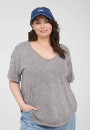 Shirt Pullover Plus Size Charcoal Knit Short Sleeve PJ5FP1005T1C