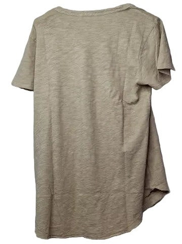 Mododoc- Tee Shirt With Curved Hem Crew Neck Raw Linen Beige Short Sleeve Henley 41g-A2123