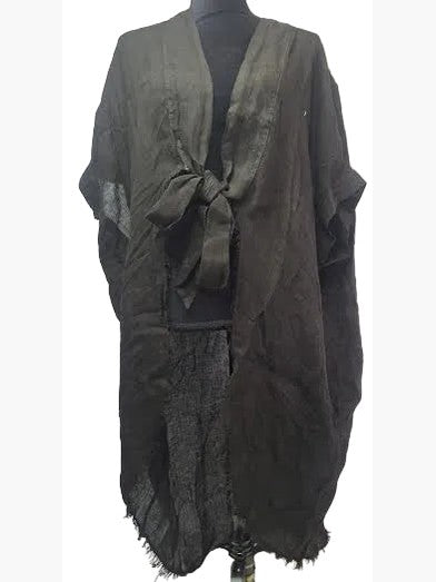 MILIO- Kimono Black Linen Fringe Hem Tie 2 Pockets 155153