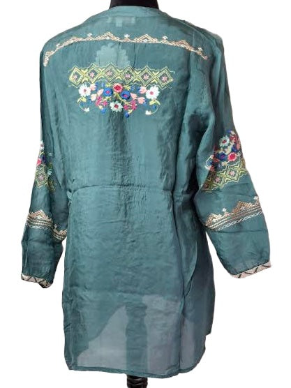Shirt Pull Over Long Sleeve Sheer Multi Colored Floral Olive AAh5556