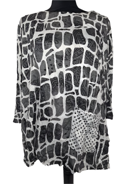 Shirt Pullover Crinkle 3/4 Sleeve 1PocketDot Black/White Colored Women's 25606BW
