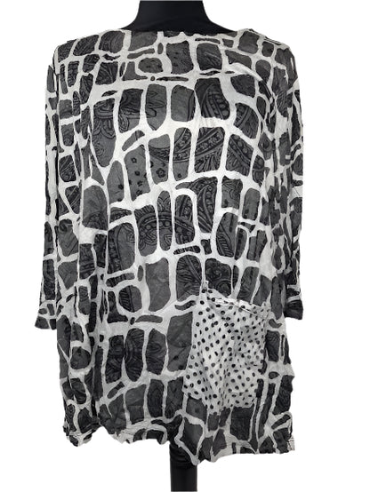 Shirt Pullover Crinkle 3/4 Sleeve 1PocketDot Black/White Colored Women's 25606BW