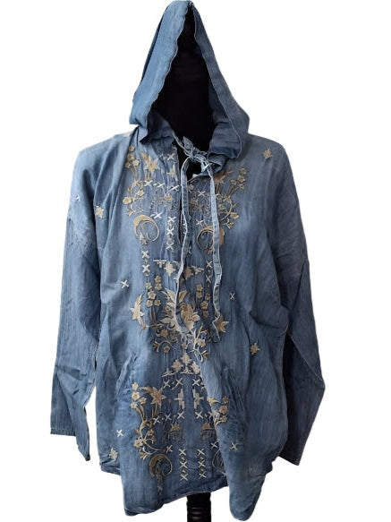 Hoodie Madi Pull Over Blue Embroidered Floral 2Pocket Long Sleeve Women's Kyvk313