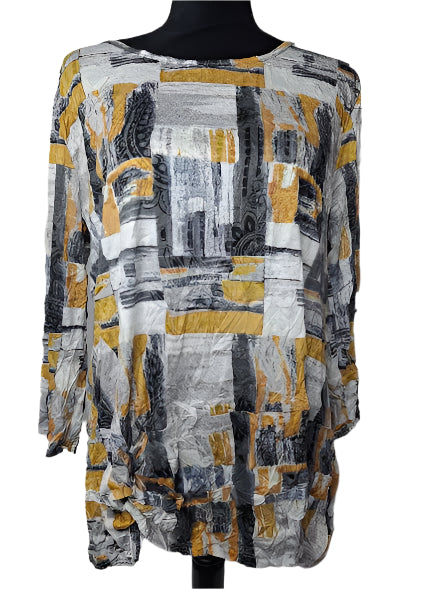 Shirt Pullover Crinkle Knot  3/4 Sleeve Mustard Multi Colored Women's 25616M