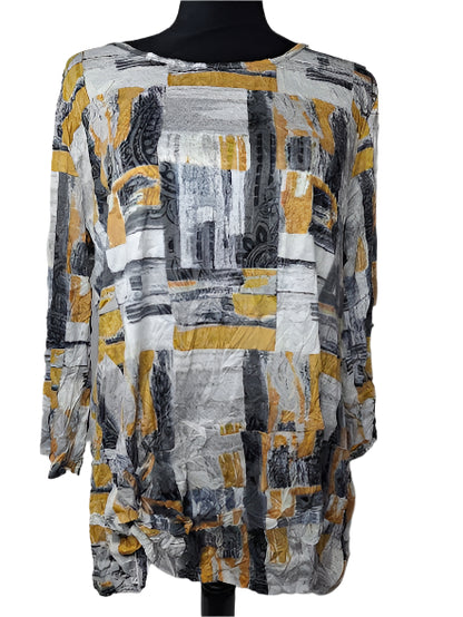 Shirt Pullover Crinkle Knot  3/4 Sleeve Mustard Multi Colored Women's 25616M
