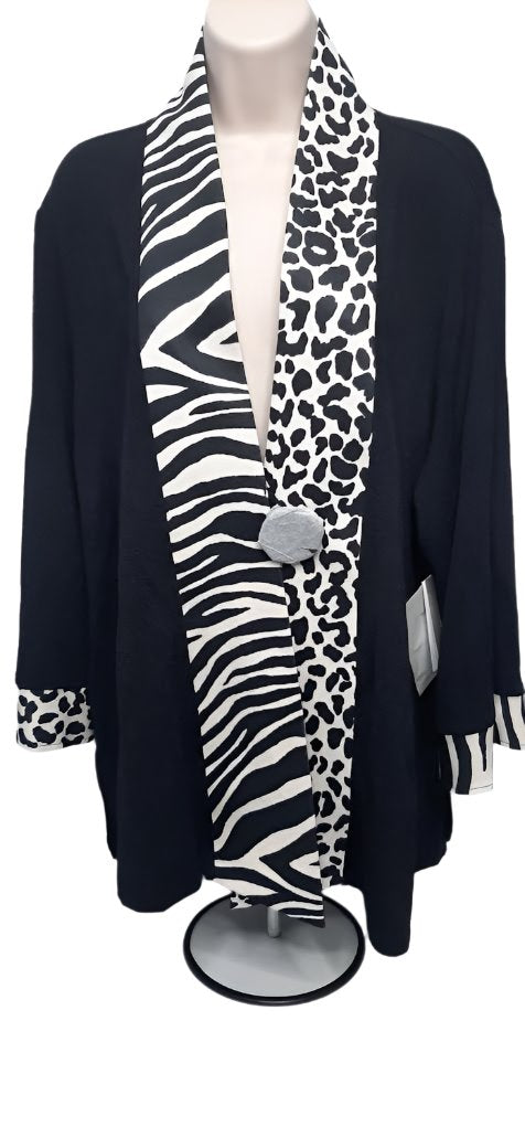 Jacket-Black/White Lepard Print-3/4 Sleeve-Cuffed-1 Button Front-Women's-m43204jm 