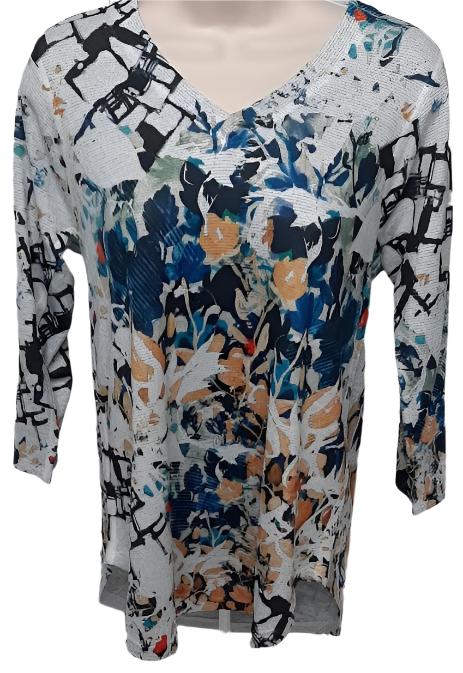 Top 3/4 Sleeve V Neck Blue Maple Print Women's t350ps mm29 