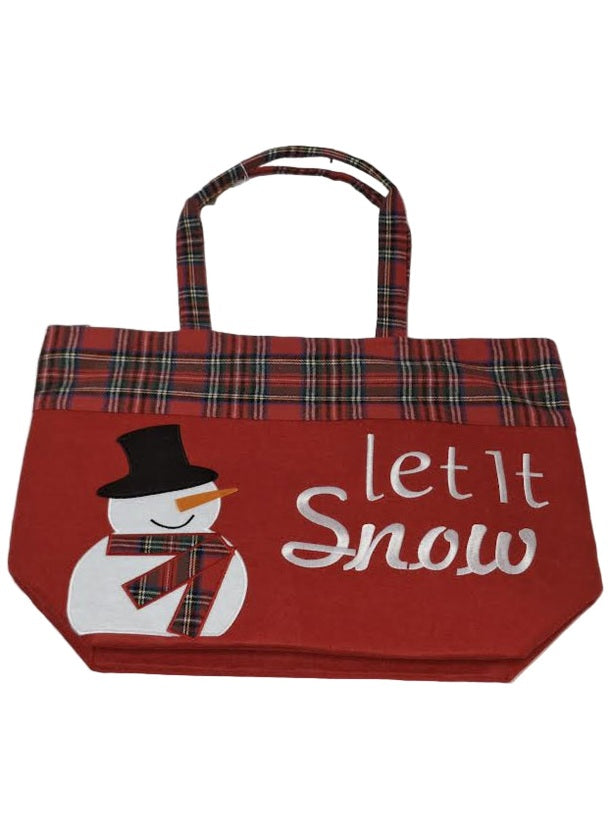 Tote Bag Zipper Top Christmas Snow Man Let It Snow Red Plaid 13x20x6"Mbo-264