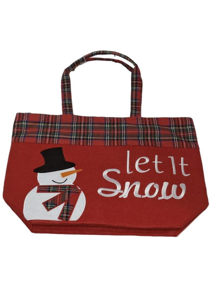 Tote Bag Zipper Top Christmas Snow Man Let It Snow Red Plaid 13x20x6"Mbo-264