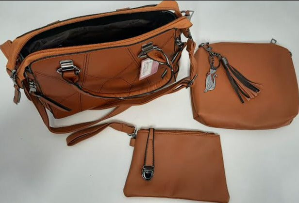 Handbag Faux Leather Brown-3-Piece- 9.5x10" 