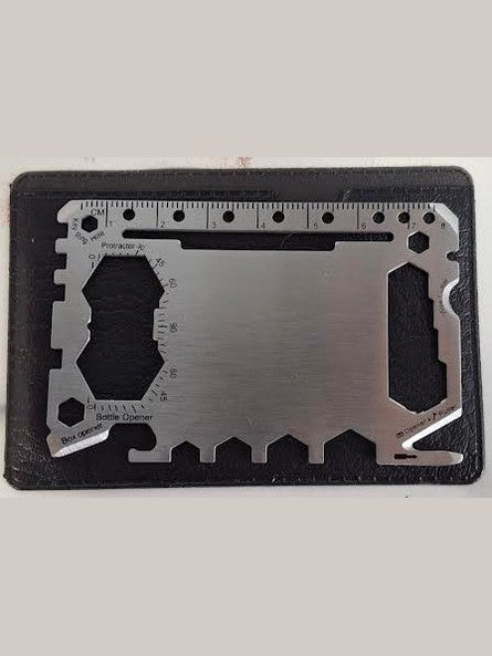 Multitool card with various tools on a white background