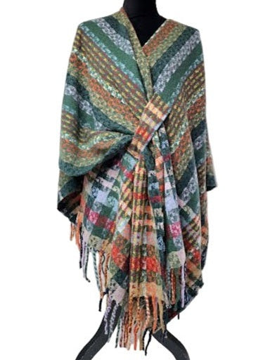 Wrap Pattern Loop Through /Fringe Knit Multi Teal Green Sh-4316TE