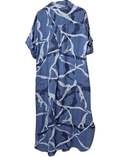 Marisima- Dress Button Down Front Linen Ocean Blue&nbsp; 1/4 Sleeve 3 Pocket Women's One Size 19083