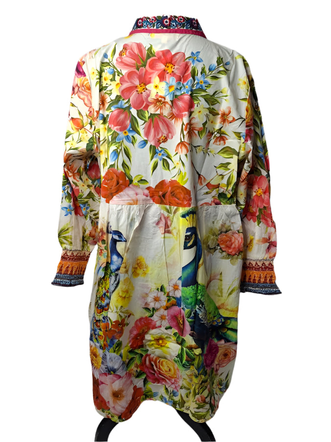 Dress Button Front Long Sleeve Sleeve Multi Colored White Peacock AAh5990 