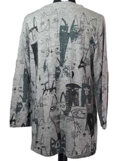 Sweater Grey Cats Pullover Long Sleeve V-Neck Women's 25703