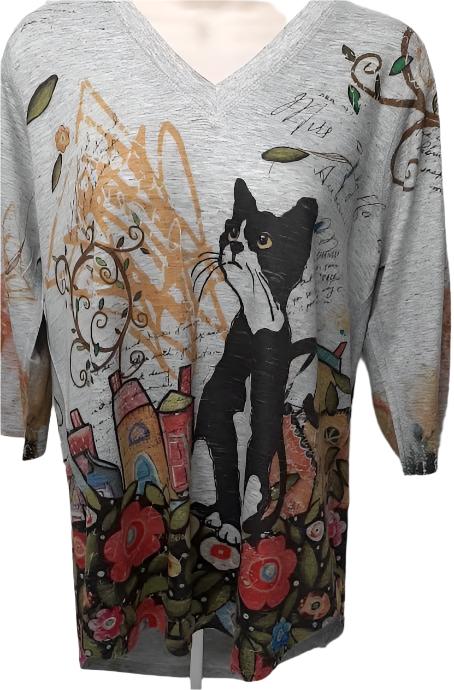 Shirt  Pullover Grey Cat Abstract V-Neck  3/4 Sleeve Women's-T350fL 