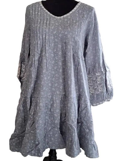 Dress Pullover Dusty Blue Embroidered Trim Cotton Gauze Women's  ED26137