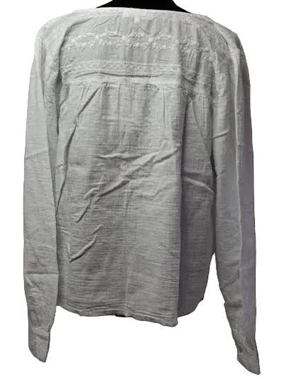 Mododoc-Top Pullover Flowy Draw String Embroidered Shirt White Cuffed Long Sleeve Women's 41G-A7103