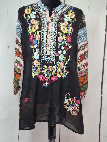 Shirt Pullover Long Sleeve Sheer Multi Colored Black/Orange AAh4004