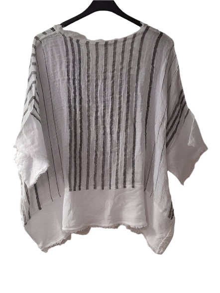 Top Pullover White/Black Stripes Linen Women's One Size 126862