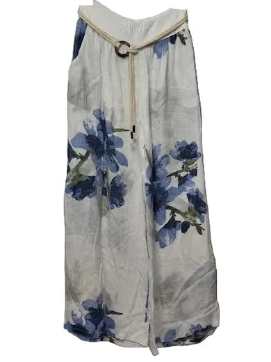 Marisima-Pants White/Blue Cloud Floral 2 Pocket Rope Draw String Wide Leg Women's One Size 99917C