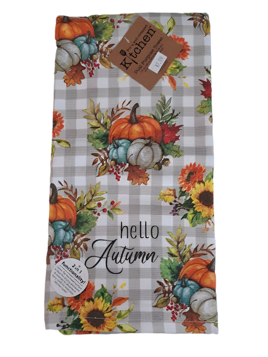 Tea Towel Hello Autumn Pumpkin Floral Thanksgiving H6539 