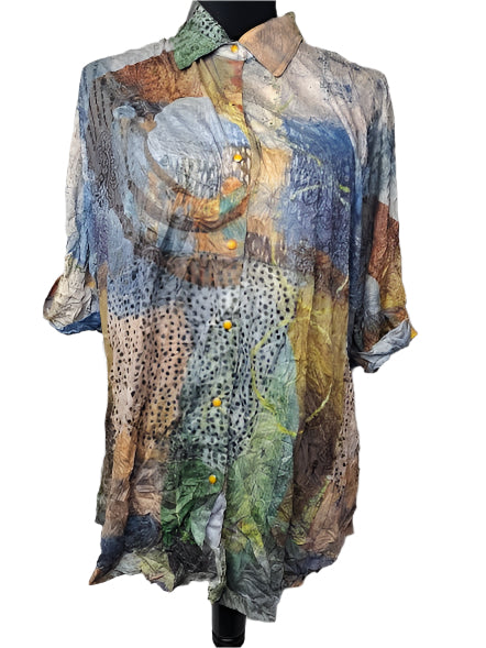 Shirt Short Shirt Crinkle Print Dolman Sleeves Snap Front Multi Colored Women's 25608