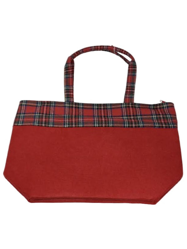 Tote Bag Zipper Top Christmas Snow Man Let It Snow Red Plaid 13x20x6"Mbo-264