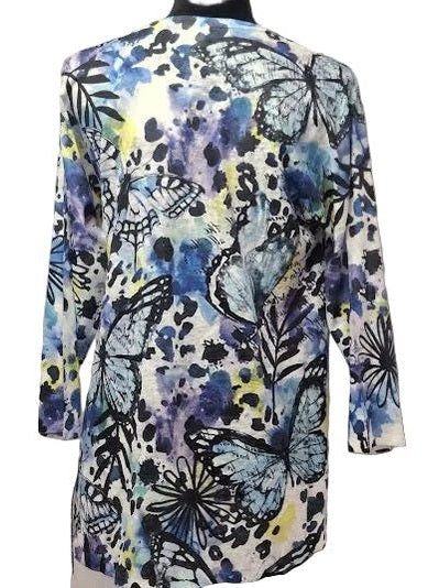 Shirt Pullover Blue Butterflies 3/4 Sleeve Multi Dog Honey C31401227