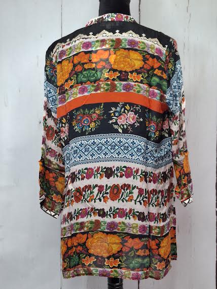 Shirt Pullover Long Sleeve Sheer Multi Colored Black/Orange AAh4004