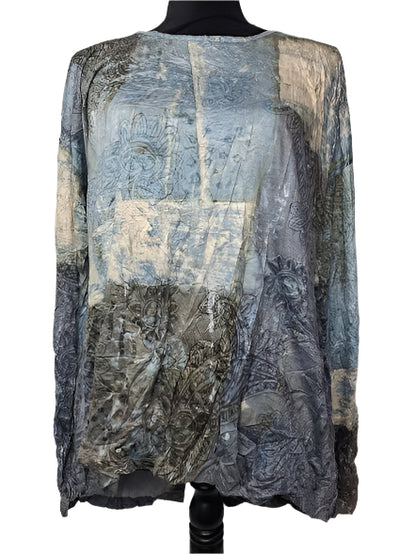 Shirt Button Back Crinkle Long Sleeve Scoop Neck Multi Colored Women's 25601BU