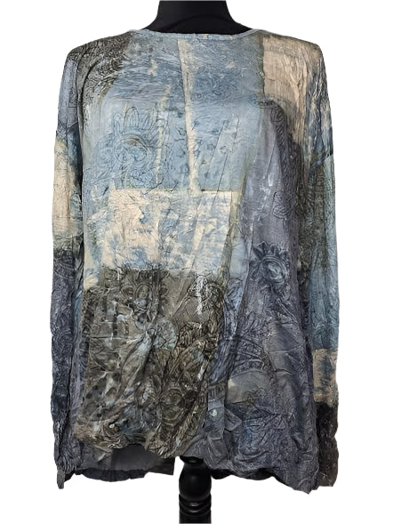 Shirt Button Back Crinkle Long Sleeve Scoop Neck Multi Colored Women's 25601BU