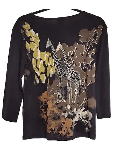 14-1516 Kenya Giraffe Black Long Sleeve Tunic Top Women's