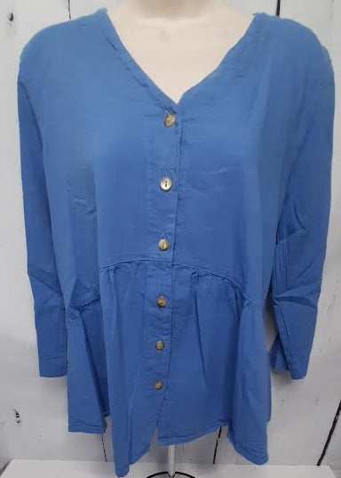 Top-Button Front V-Neck-Long Sleeve-Light Blue-Women's S-1677 